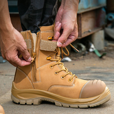 satın al OEM Buğday Rengi Sığır Derisi Martin İş Çizmesi PU+kauçuk İş Ayakkabısı Nucuck Güvenlik Çizmesi Cam Elyaf Burunlu Kevlar Orta Tabanlı Güvenlik Ayakkabısı online manufacture